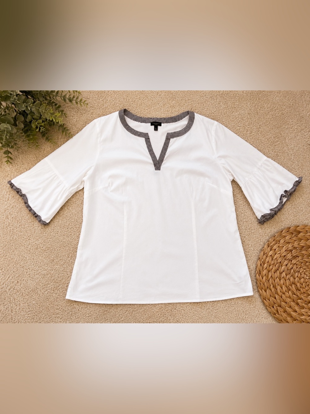 🖤🤍Talbots White Cotton Blouse L Gingham Trim Bell Sleeves Side Zip Top🖤🤍